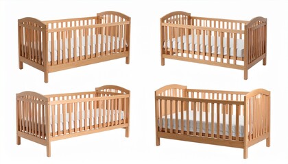Wooden Baby Crib Set Four Views, Natural Finish, Infant Bed