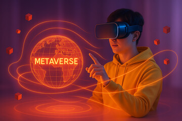 A young man wearing a virtual reality headset points at a glowing orange globe with the word "metaverse" surrounded by abstract cubes