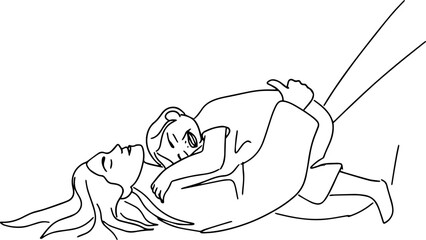 Hand-drawn illustration in line art style with a mother and child falling asleep on her.