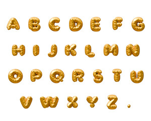 3d inflated glossy golden balloon alphabet on a isolated background. Golden inflatable toy balloons font isolated. Letters from A to Z. Party decoration elements.