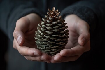 Two hands gently cradling a large, grey-brown pine cone.