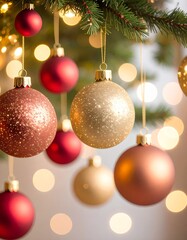ornaments hanging from branch of Christmas tree with string lights