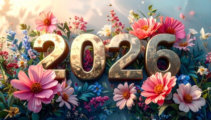Bright floral arrangement surrounding the year 2026 for festive celebrations and new beginnings