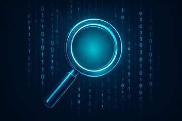 A glowing digital magnifying glass hovers over a dark background filled with binary code representing data search and analysis