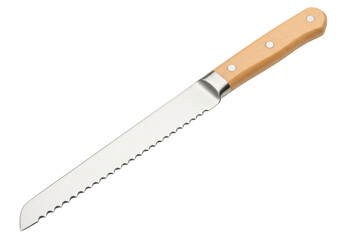 Isolated bread knife with light wood handle, serrated blade, kitchenware tool, equipment