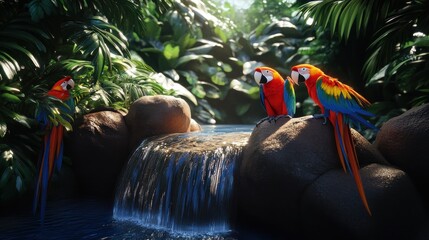 Scarlet Macaws by a Tropical Waterfall: A Digital Masterpiece