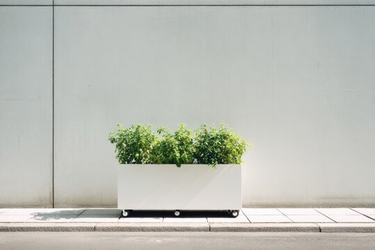 White planter box on a sidewalk against a light gray wall