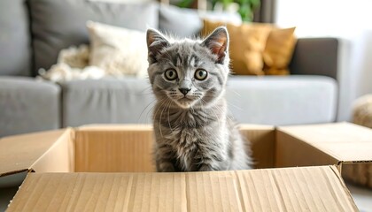 Adorable Grey Tabby Kitten Sitting in a Cardboard Box Indoors.