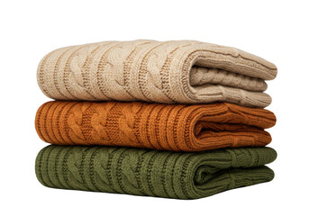Isolated Stack of wool knitted sweaters, autumn clothes, cozy and soft fashion items