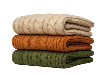 Isolated Stack of wool knitted sweaters, autumn clothes, cozy and soft fashion items