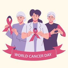 doctors supporting world cancer day awareness with pink ribbon illustration