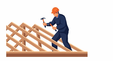 Construction worker in an orange hard hat hammering nails on a wooden roof frame on a white background.