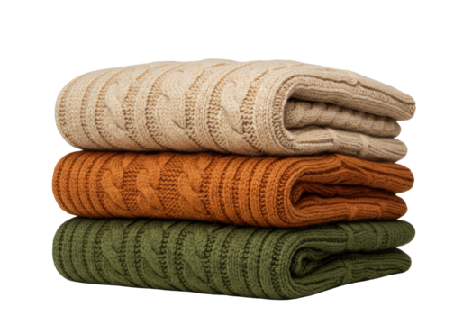 Isolated Stack of wool knitted sweaters, autumn clothes, cozy and soft fashion items