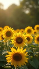 Fototapeta premium A field of sunflowers with the sun shining through them.