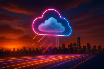 Cloud computing city skyline: a vibrant neon-outlined cloud hovers over a dark cityscape, with colorful light trails suggesting high-speed data transfer and global network