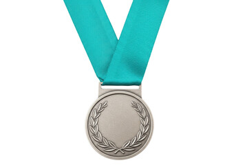Isolated silver medal with turquoise ribbon and laurel wreath for sports and academics award