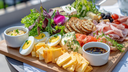 Platter of assorted cheeses, sliced meats, boiled eggs, fresh greens, and dips presented on a wooden board in a bright setting