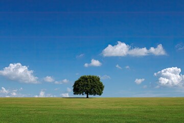 Fototapeta premium Lone tree in a vast field under a vibrant blue sky