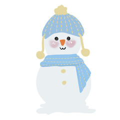 Cute snowman wearing a blue winter hat and matching scarf, festive Christmas illustration