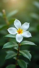 A white flower with a yellow center on a green leaf.