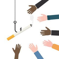 Smoldering cigarette on hook, various multi ethnic hands want catching cigarette butt. Cigar with smoke like bait for smoker. Tobacco smoking addiction, social issues.