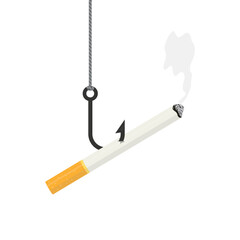 Smoldering cigarette on fish hook. Cigar with smoke like bait for smoker. Cigarette butt. Tobacco smoking addiction, social issues. Bad habits, unhealthy lifestyle.