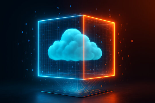 Secure cloud data storage: a glowing blue cloud is enclosed within a futuristic, neon-outlined wireframe cube, symbolizing protected, secure, and advanced data storage within a digital environment