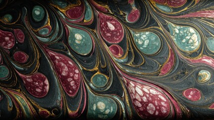 An abstract design featuring olive, ivory, pink, and teal colors is set against a backdrop of dark brown burn effects