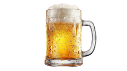 Classic Beer Mug with Foam Overflowing, Refreshing Cold Drink Glass for Pub, Bar, Oktoberfest and Celebration Themes on White Background
