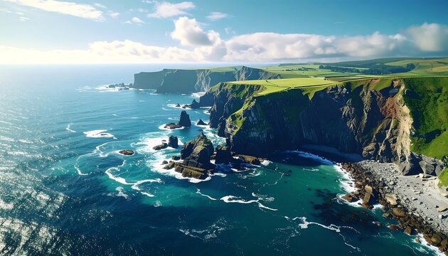 Coastal cliffs, vibrant colors, ocean waves