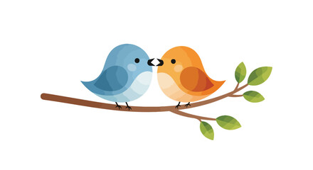 Two adorable birds perched on a branch sharing a tender moment.