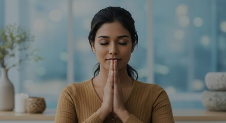 Young woman meditating indoors for focus and calm in life