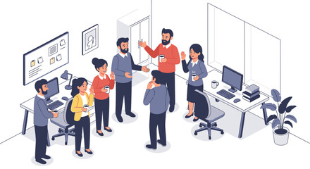 A group of colleagues in a modern office are having a conversation during a break, some holding cups.