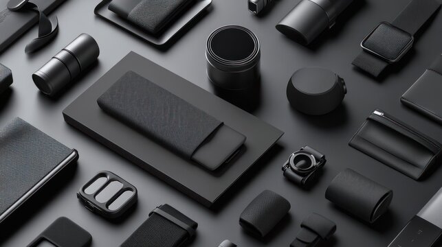 Monochromatic Tech Accessories Flatlay: Sleek Black Gadgets and Devices Arranged on Dark Background