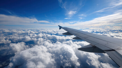 Obraz premium Above the Clouds: The view from an airplane window, offering a captivating panorama of fluffy clouds under a clear, vibrant blue sky.