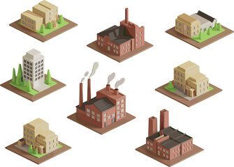 Isometric industrial factory network with interconnected plants, smokestacks, and logistics for supply chain, manufacturing, and business infrastructure design visuals.