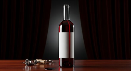 Luxury Red Wine Bottle Mockup Under a Dramatic Stage Spotlight with Corkscrew.