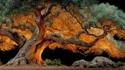 Naklejka premium Ancient oak tree illuminated, vibrant orange glow
