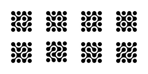 Collagen molecule connected dots. Abstract cell of circular shapes. Metaball morph flow, atoms in a liquid drop. Medical nerve node, square networking icon. Futuristic communication smart design