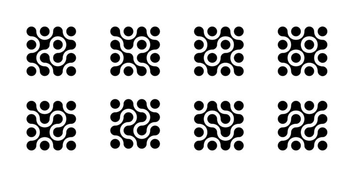 Collagen molecule connected dots. Abstract cell of circular shapes. Metaball morph flow, atoms in a liquid drop. Medical nerve node, square networking icon. Futuristic communication smart design