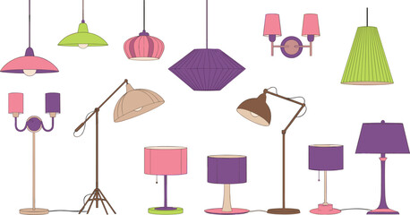 Modern lamp illustrations, hanging and standing light designs, colorful lighting clipart, interior decor vector, stylish home lamp set artwork