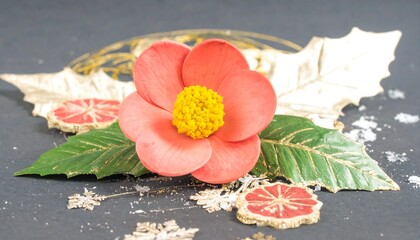 Pink paper flower with yellow center on a gold and green holly on black