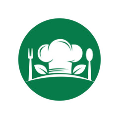 Vector art of chef hat with fork and spoon on green circle background
