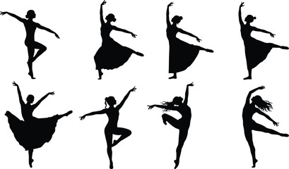 Elegant ballet dancer silhouettes in graceful classical poses, vector illustration of ballerina movements, performing arts, dance studio, choreography, performance art