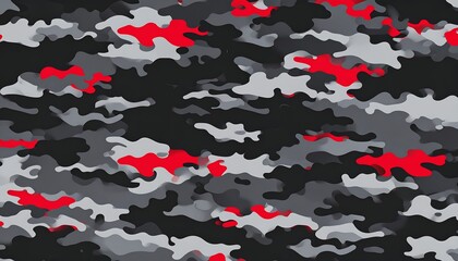 Abstract camouflage pattern in shades of red, grey, and black