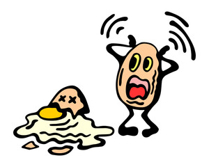 Vector illustration of two eggs, where one is whole and surprised that the other fell and broke, on a white isolated background