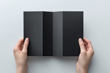 Blank black brochure held in hands