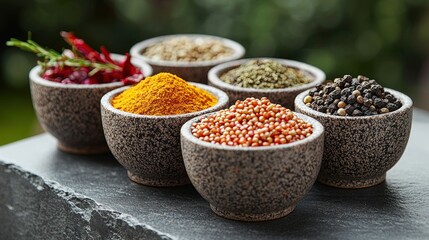 Assorted spices in small bowls on a dark surface