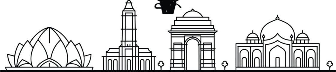 New Delhi skyline line art featuring iconic landmarks like Lotus Temple, India Gate, and Jama Masjid for travel, tourism, and design projects.
