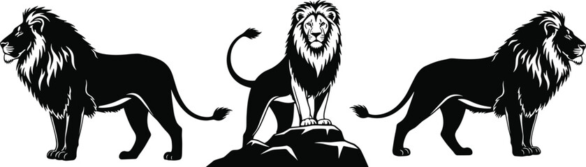 Lion silhouette illustration, black and white wildlife art, majestic animal poses, symmetrical design concept, strength courage leadership symbol, regal nature artwork © Monjurul Creatives